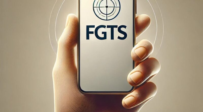 Como consultar o saldo do FGTS pelo celular: mão segurando um smartphone com o logo do FGTS na tela.