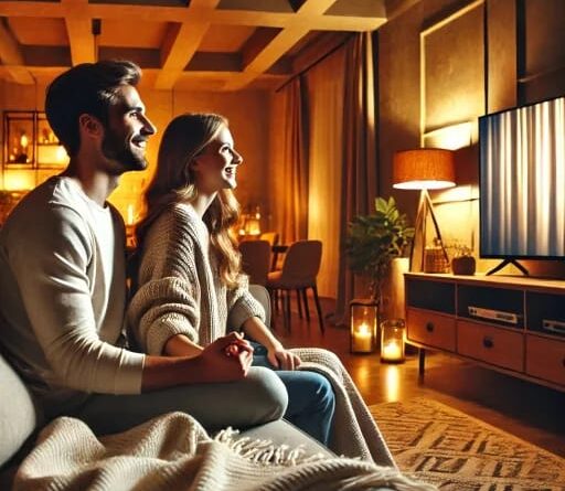 Um homem e uma mulher sentados em um sofá olhando para uma televisão.