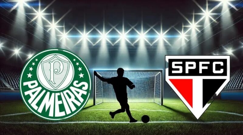 um jogador de futebol chutando uma bola na frente de um gol. Do lado direito o símbolo do palmeiras e do lado esquerdo o símbolo do São Paulo