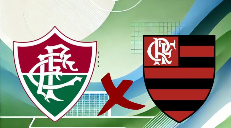 um logotipo de futebol e uma bola de futebol. A logo do time do fluminense à esquerda e do time do flamengo à direita.